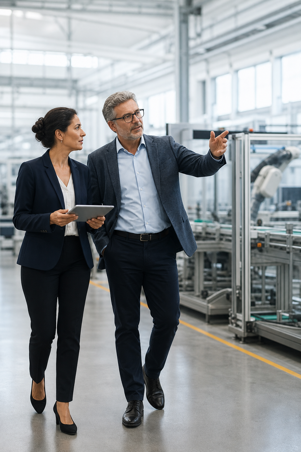 Manufacturing consultants reviewing an automated production line
